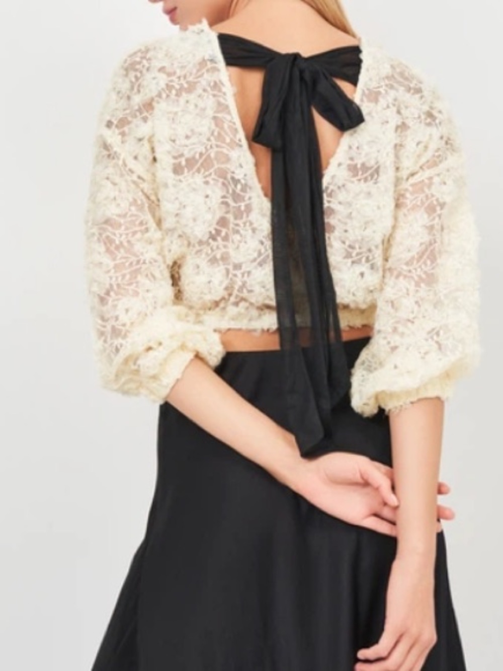 Zara Textured Rosette Appliqué Lace Tie Back Blouse Top Cream Ivory Medium